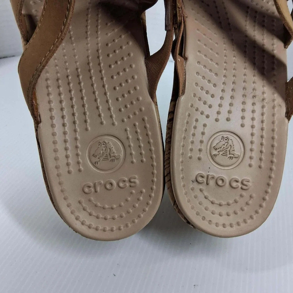 Crocs Leigh II Wedge Sandals Womens 11 Tan Strappy‎ Cork Wrap Slides 202513-23Q